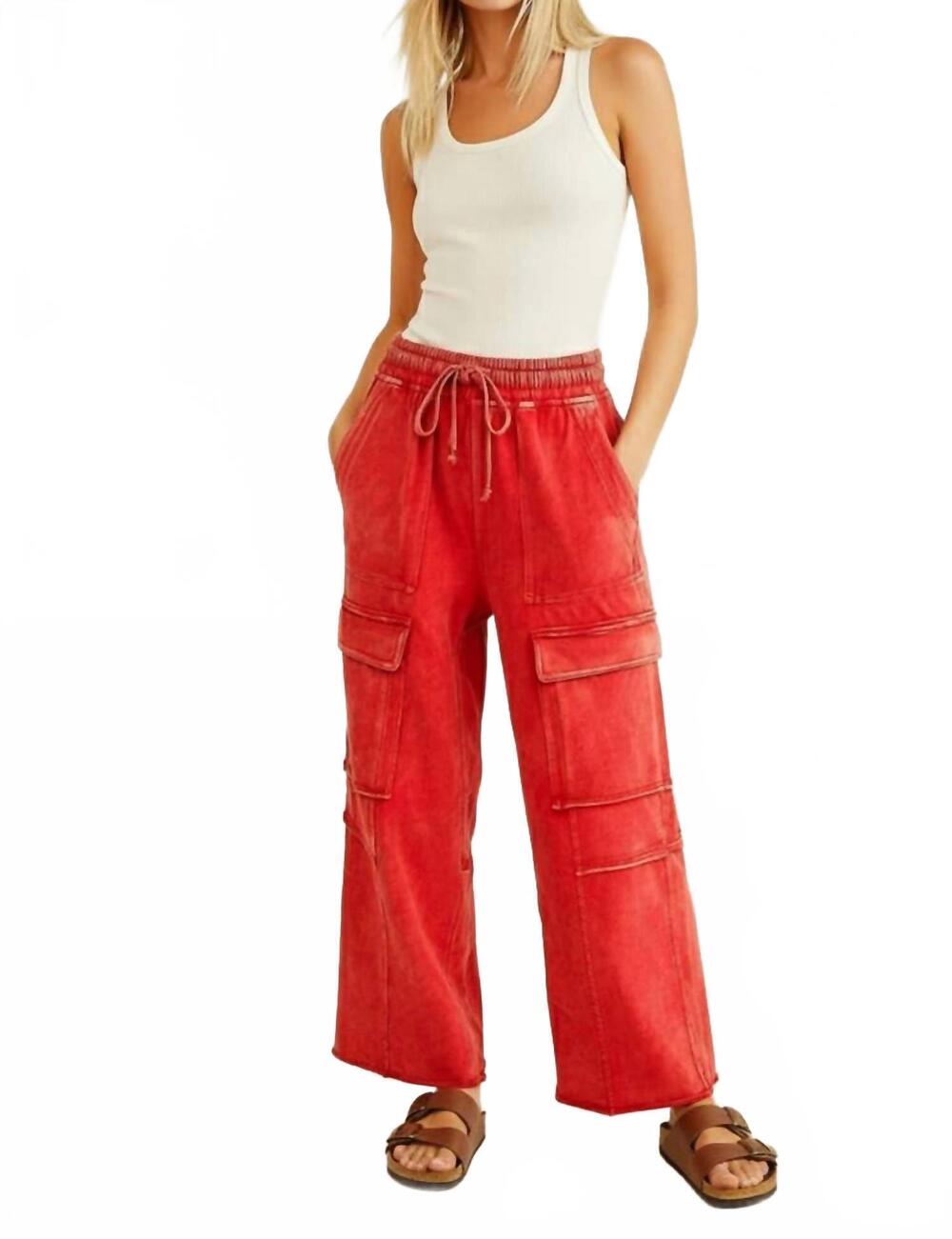 NEW SEWN AND SEEN lori mineral washed terry cargo pants in red